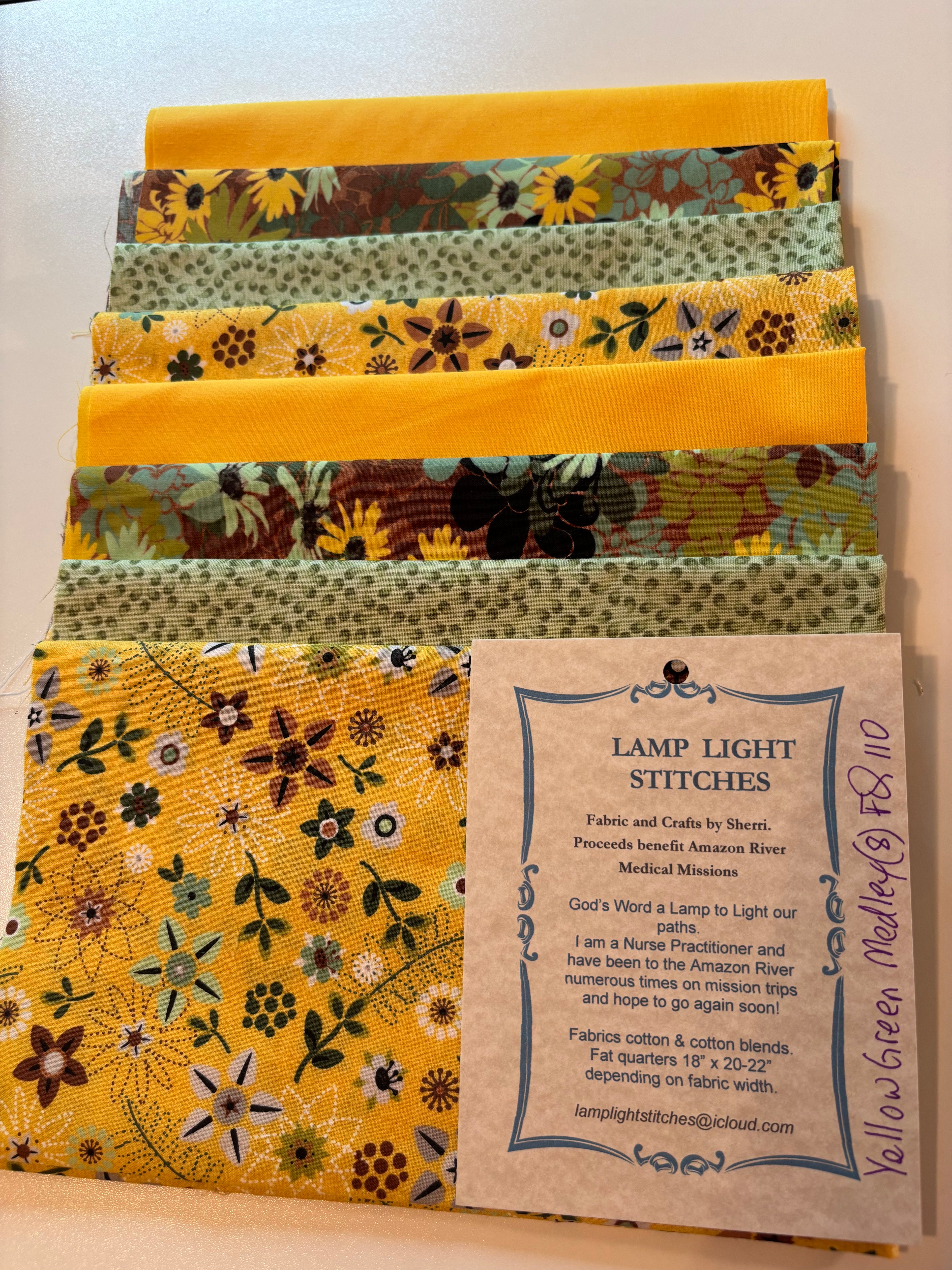 Yellow Green Medley, 8 fat quarters, cotton and cotton blends. FQ 110
