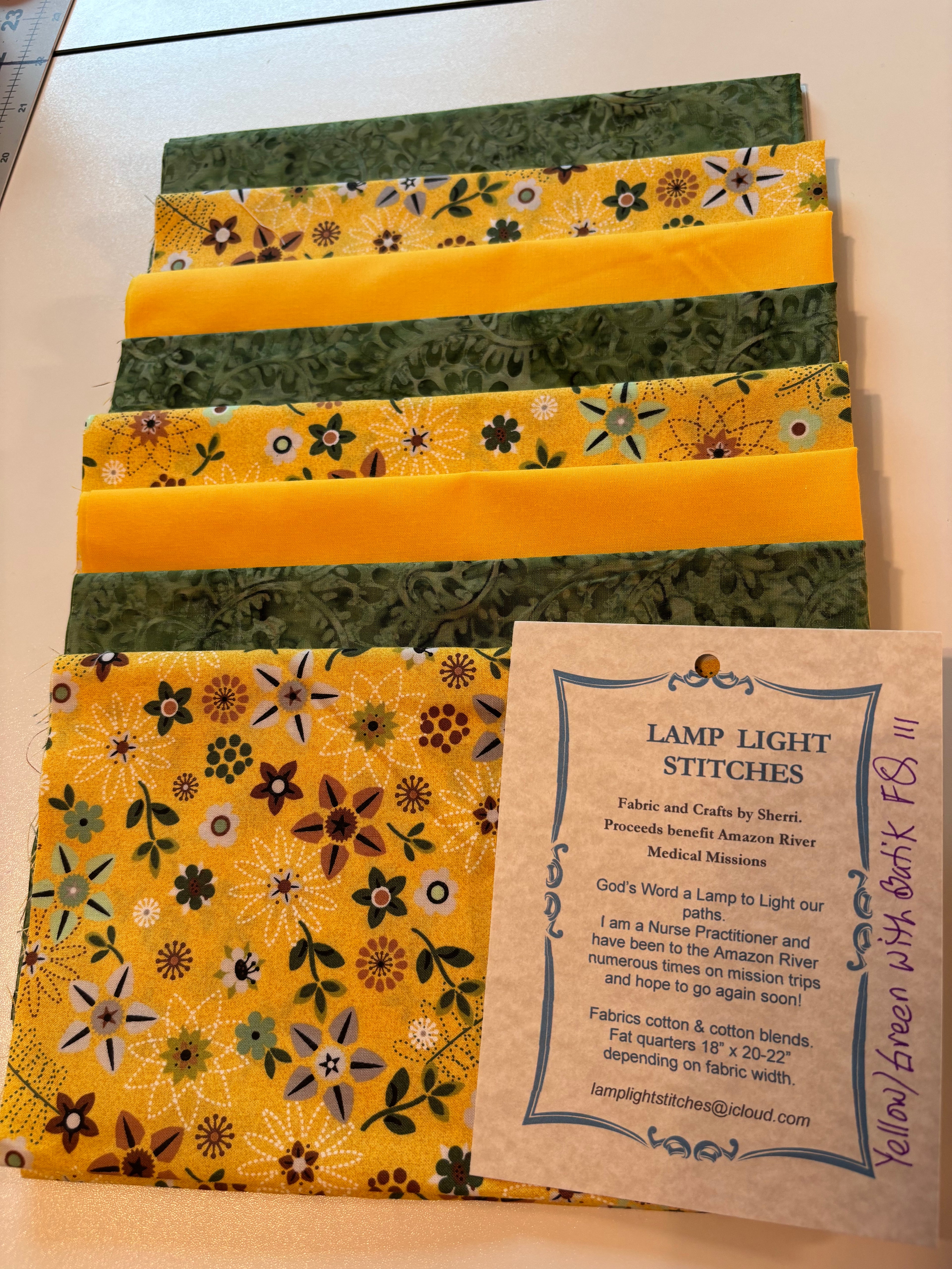 Yellow Green with Batik.  8 fat quarters, cotton and cotton blends, FQ 111