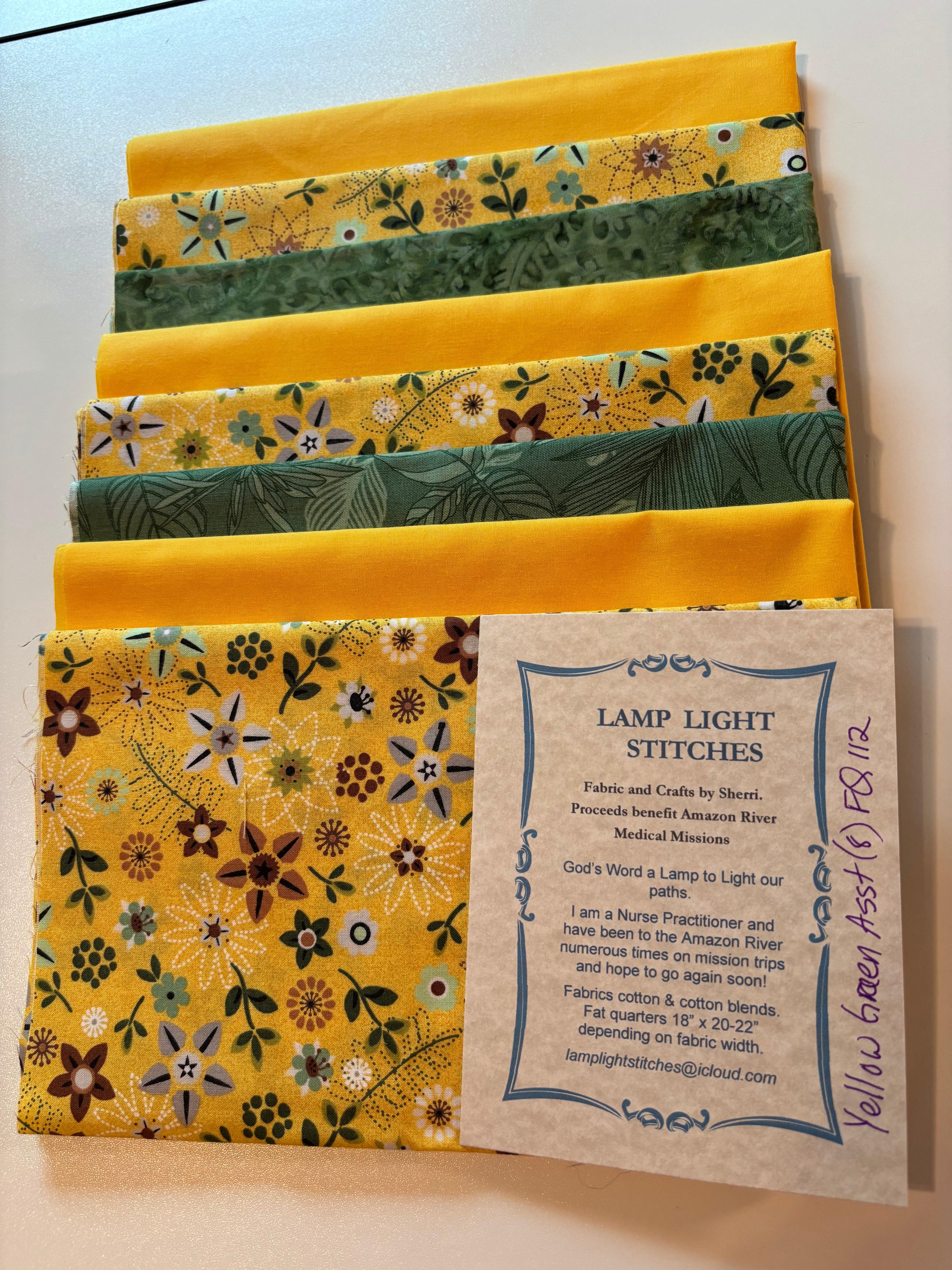 Yellow Green Asst, 8 fat quarters, cotton and cotton blends, FQ 112