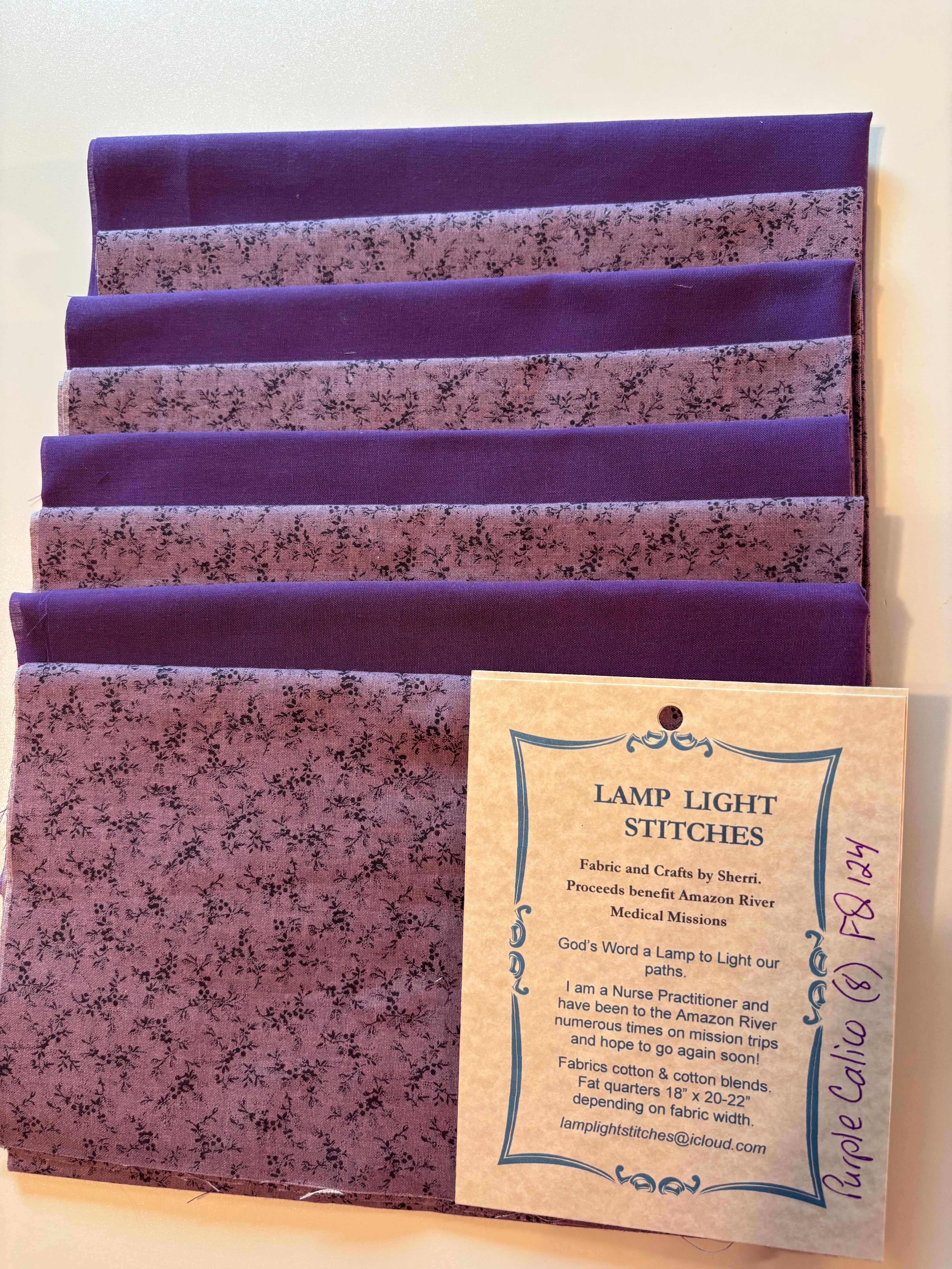 Purple calico, 8 fat quarters, cotton and cotton blends,  FQ 124