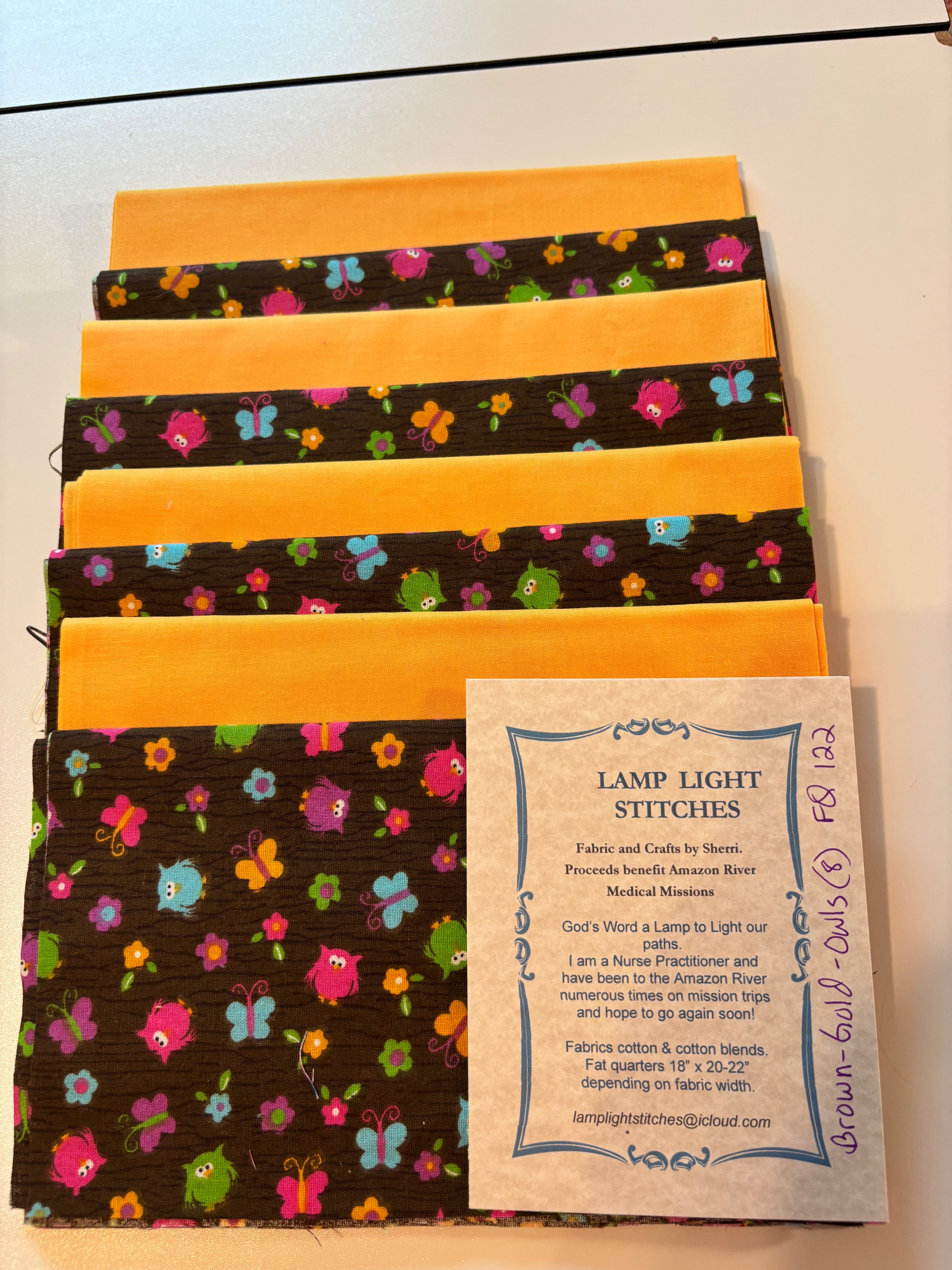 Brown Gold Owl, 8 fat quarters, cotton and cotton blends, FQ 122
