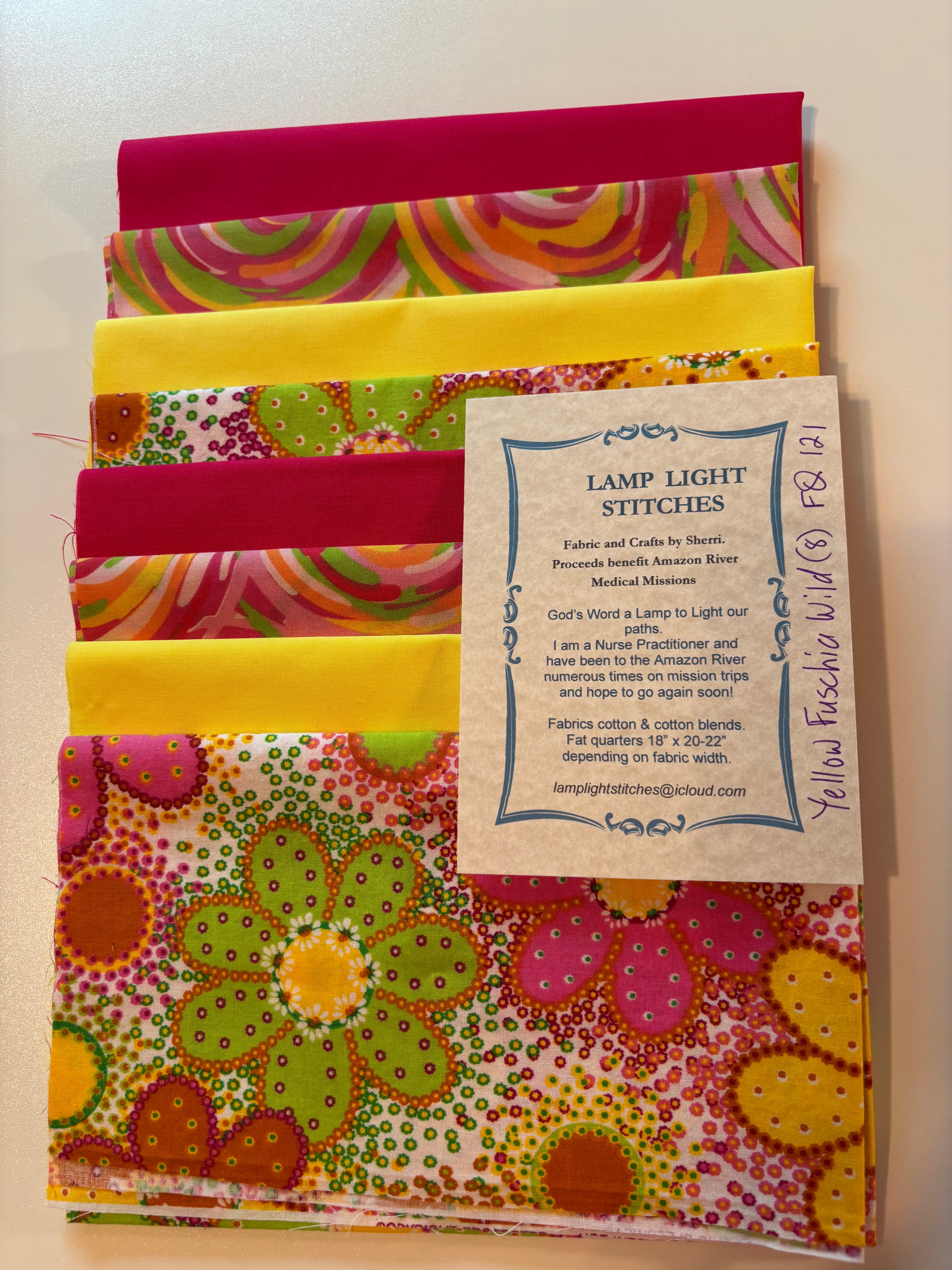 Yellow Fuschia Wild Flowers and swirls.  8 fat quarters, cotton and cotton blends.  FQ 121
