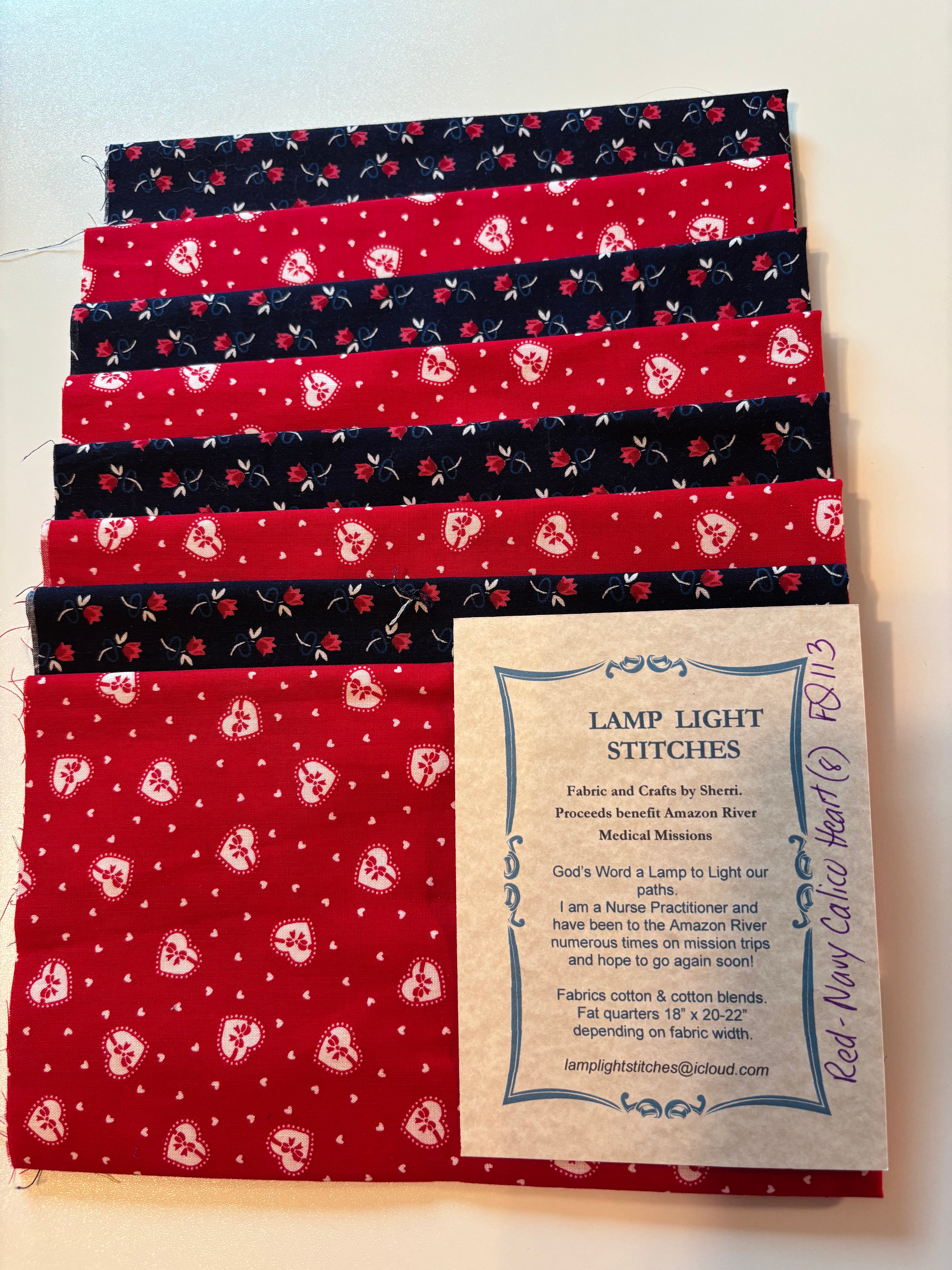 Red Navy calico heart, 8 fat quarters, cotton and cotton blends.  FQ 113