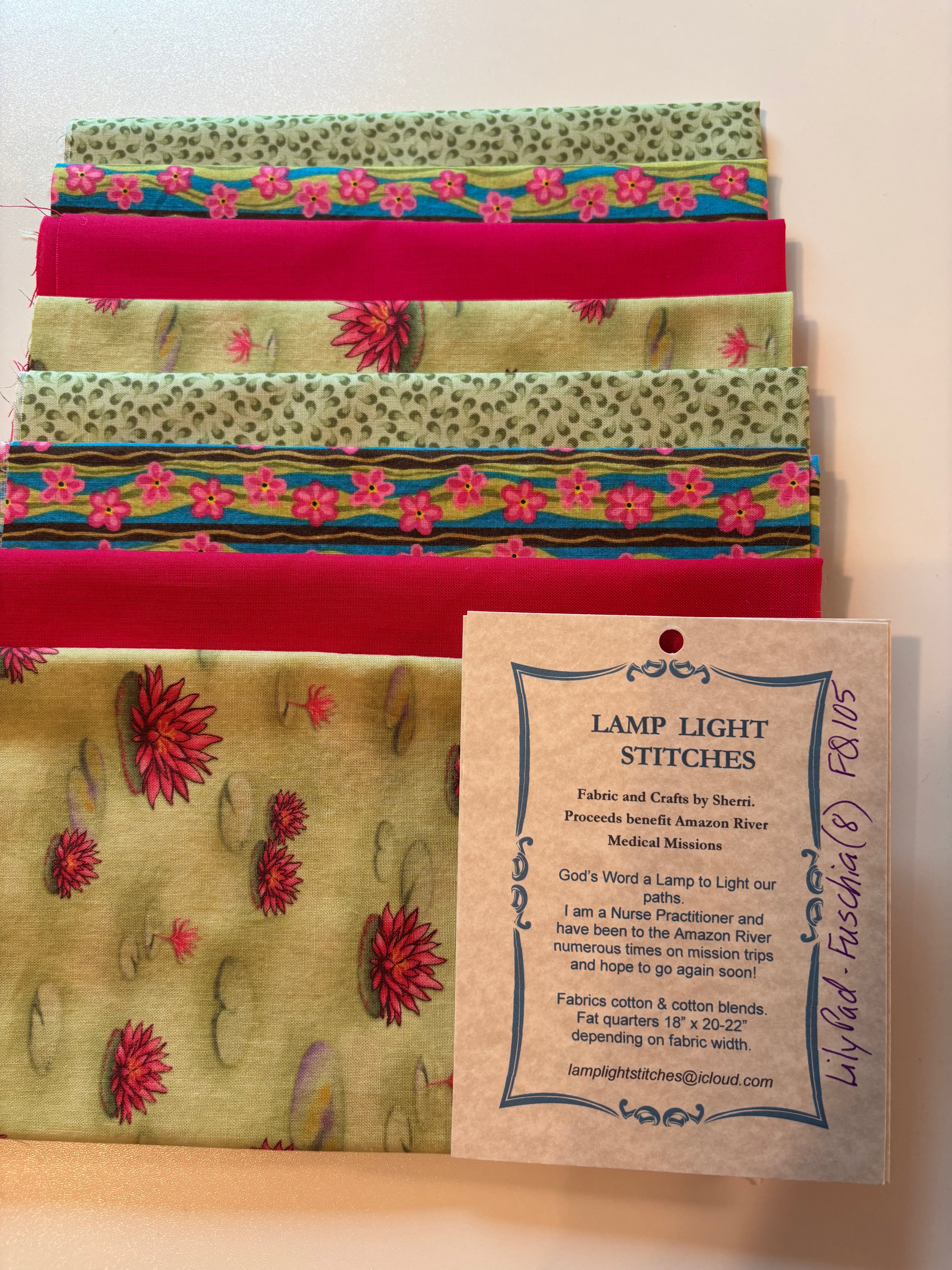 Lily pad Fuschia/ green.  8 fat quarters, cotton and cotton blends. FQ 105