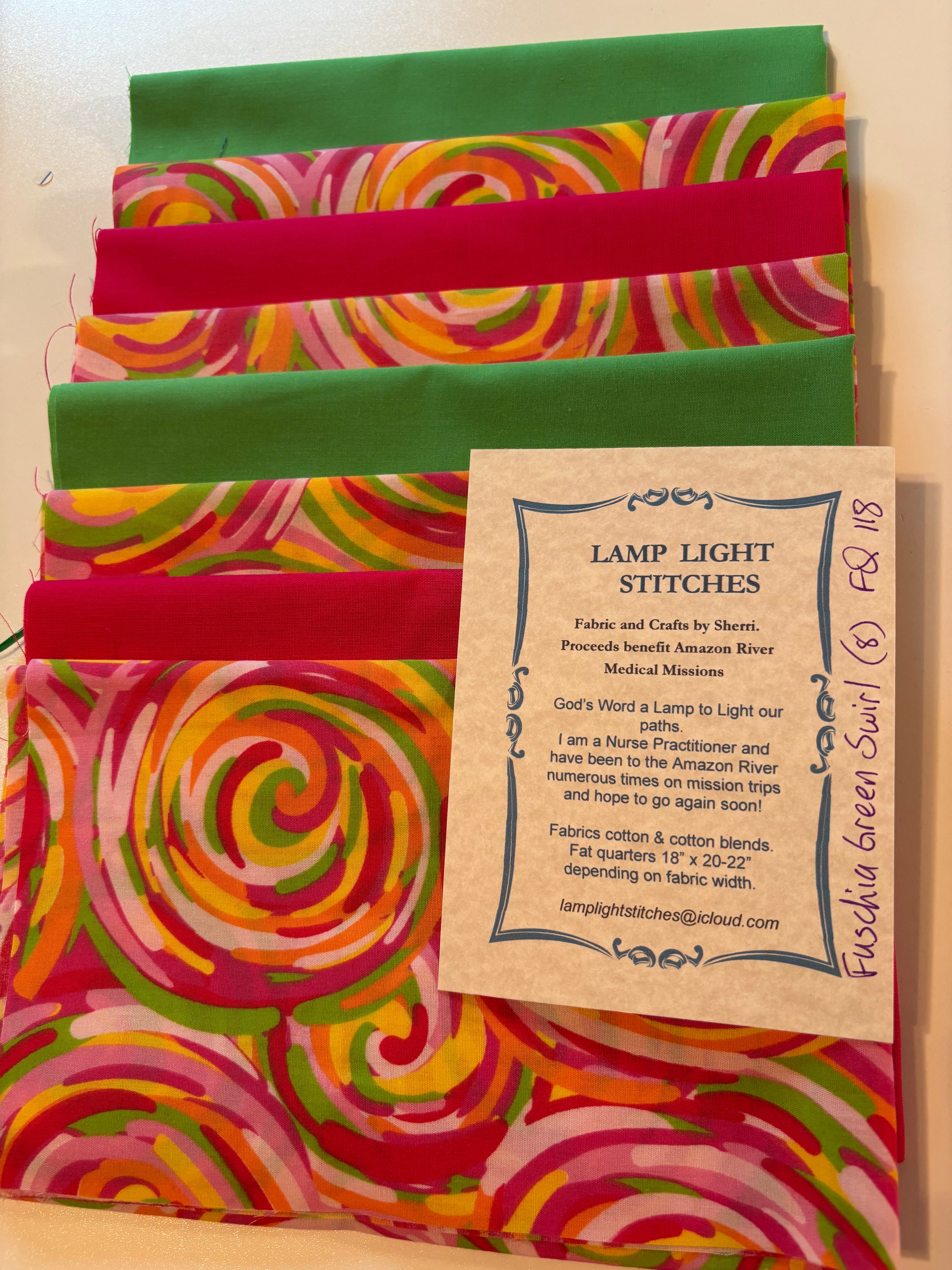 Green Fuschia Swirl.  Fat quarters, set of 8, FQ 118