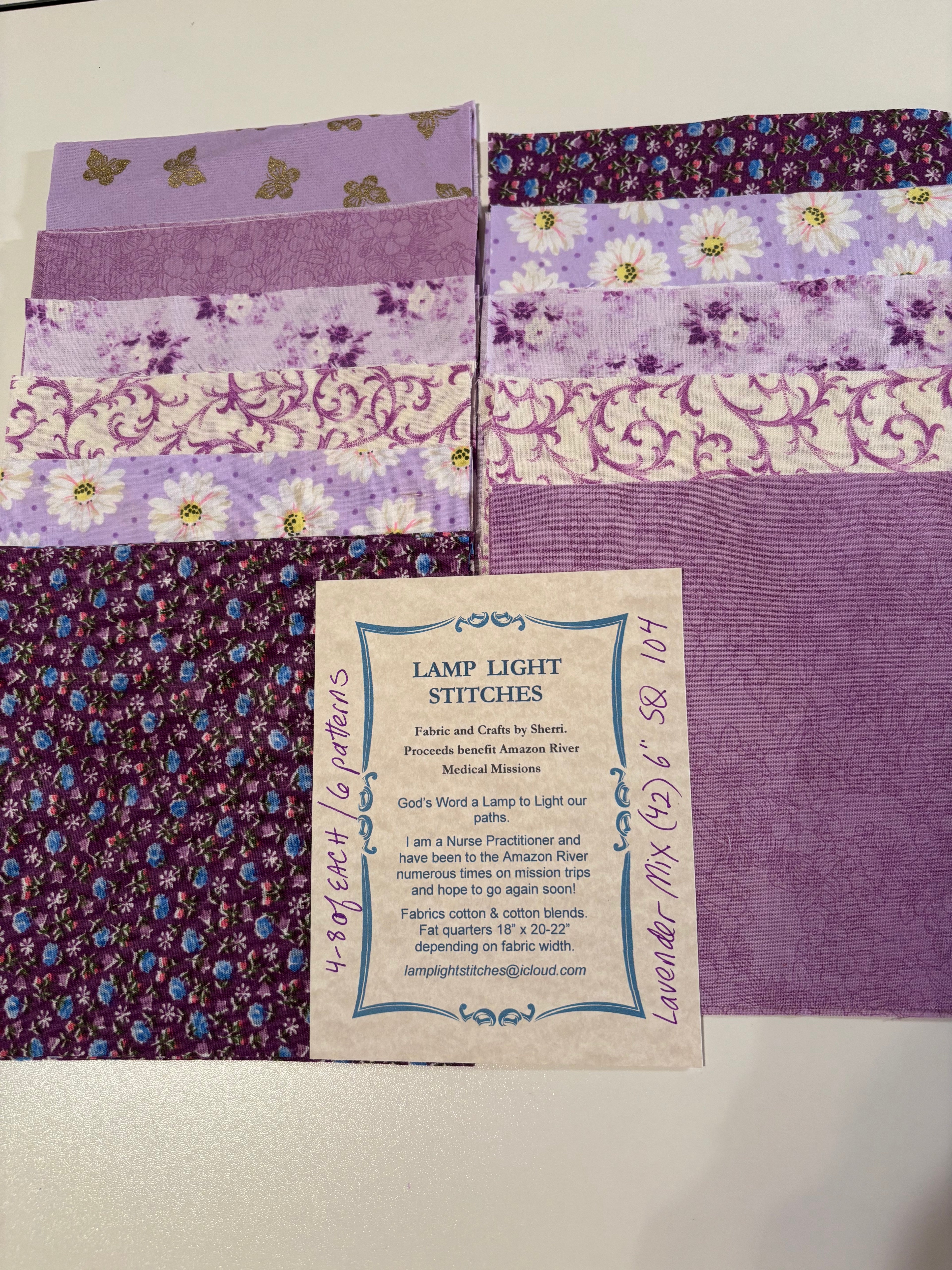 6 inch squares Lavender Mix charm pack, #42, 4-8 of each, 6 prints.SQ 104