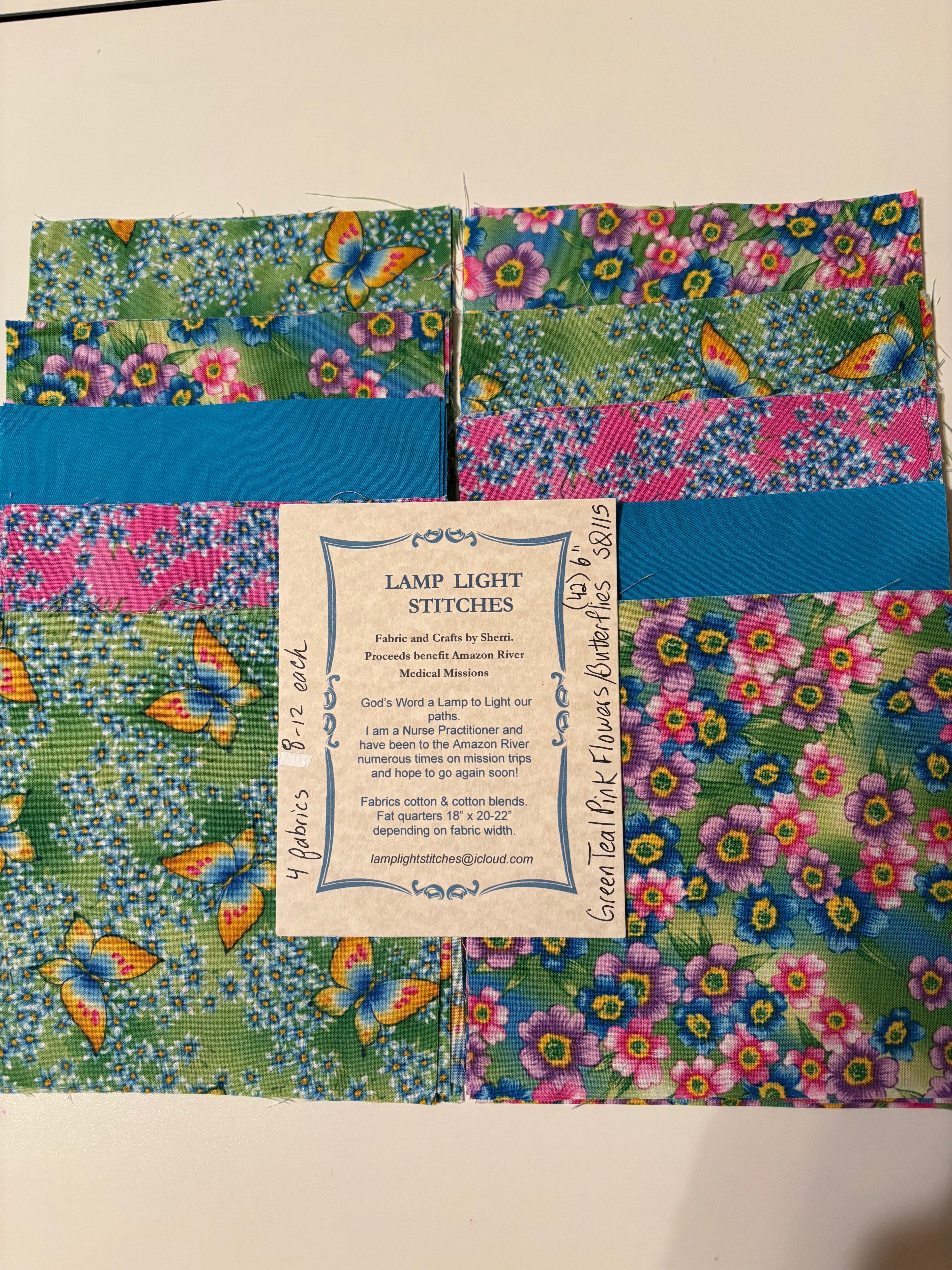 Green Teal Pink Flowers, butterflies., SQ115