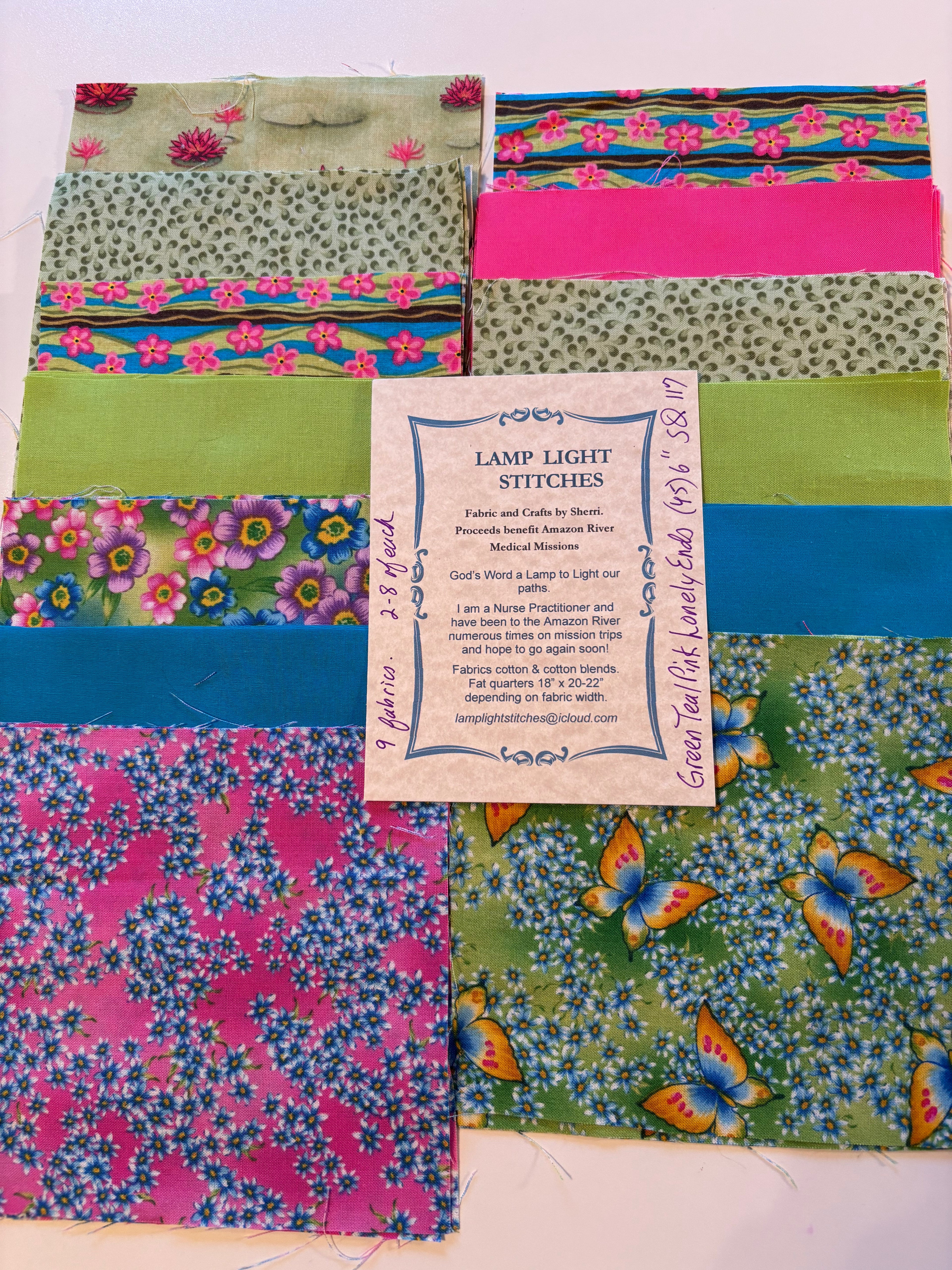 Green Pink Teal Lonely Ends.(42) 6 inch squares. SQ 117