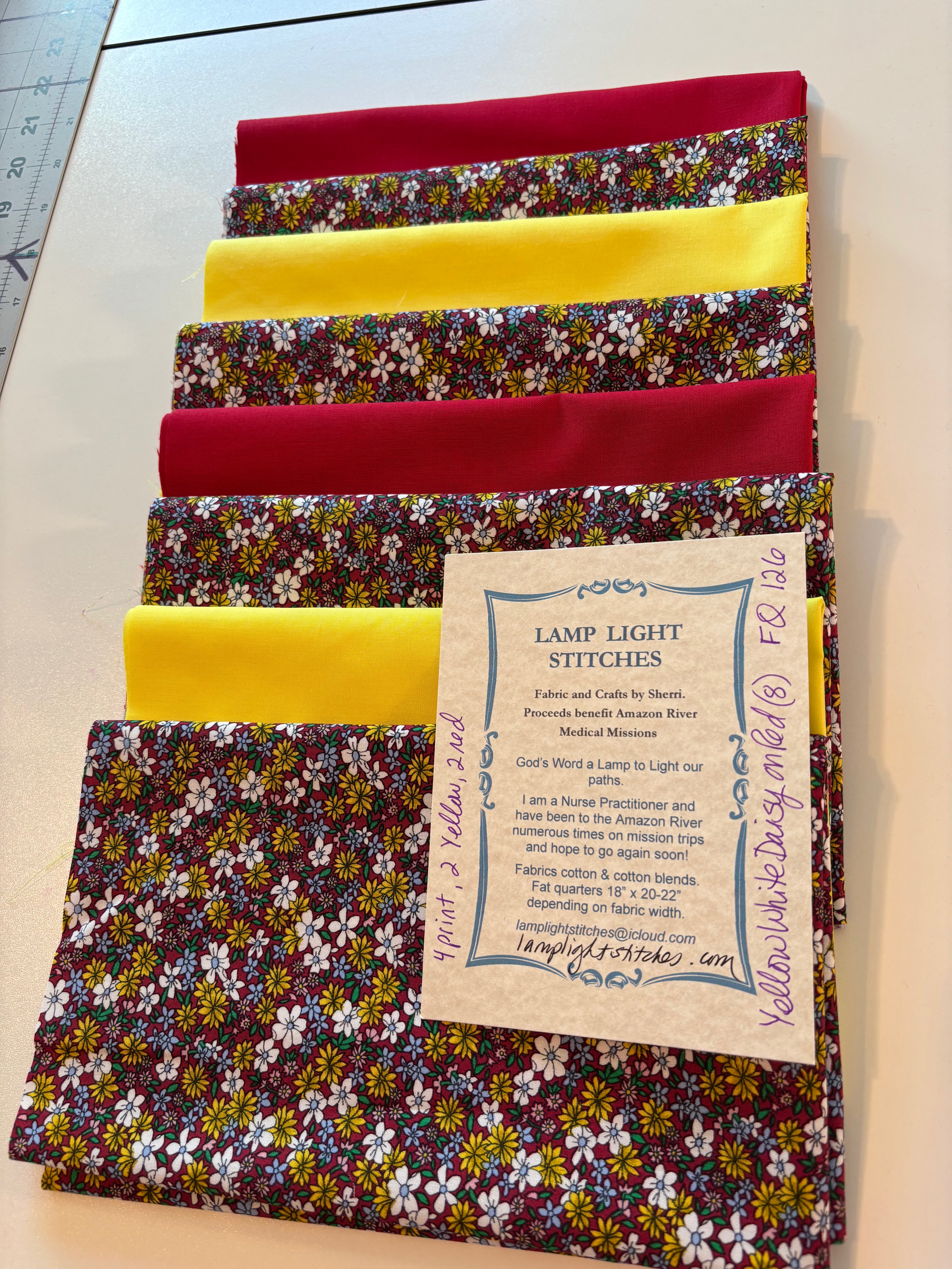 Yellow White Daisy on Red.  8 fat quarters.  FQ 126.