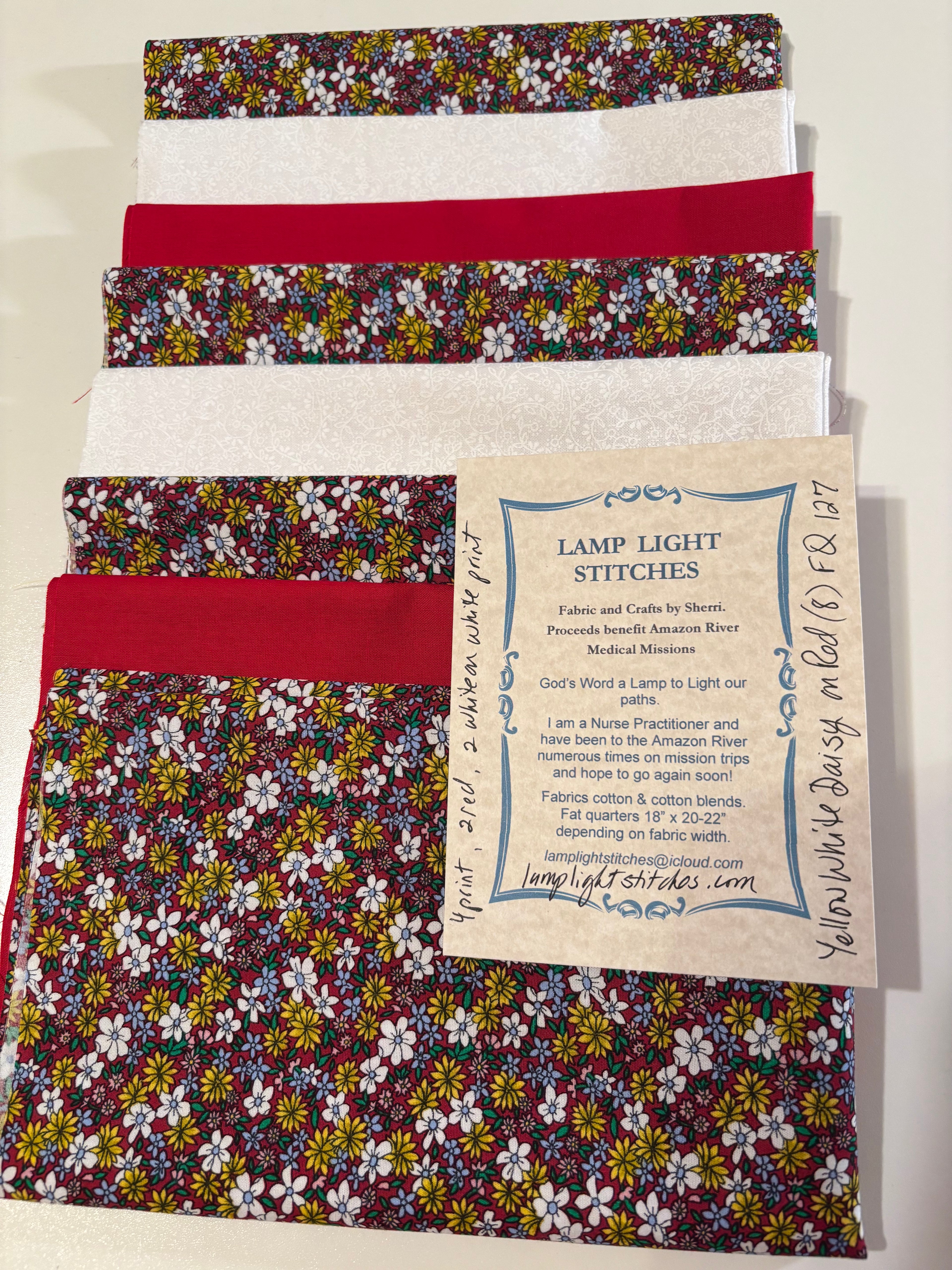 Yellow White Daisy on Red.  8 fat quarters.  FQ 127