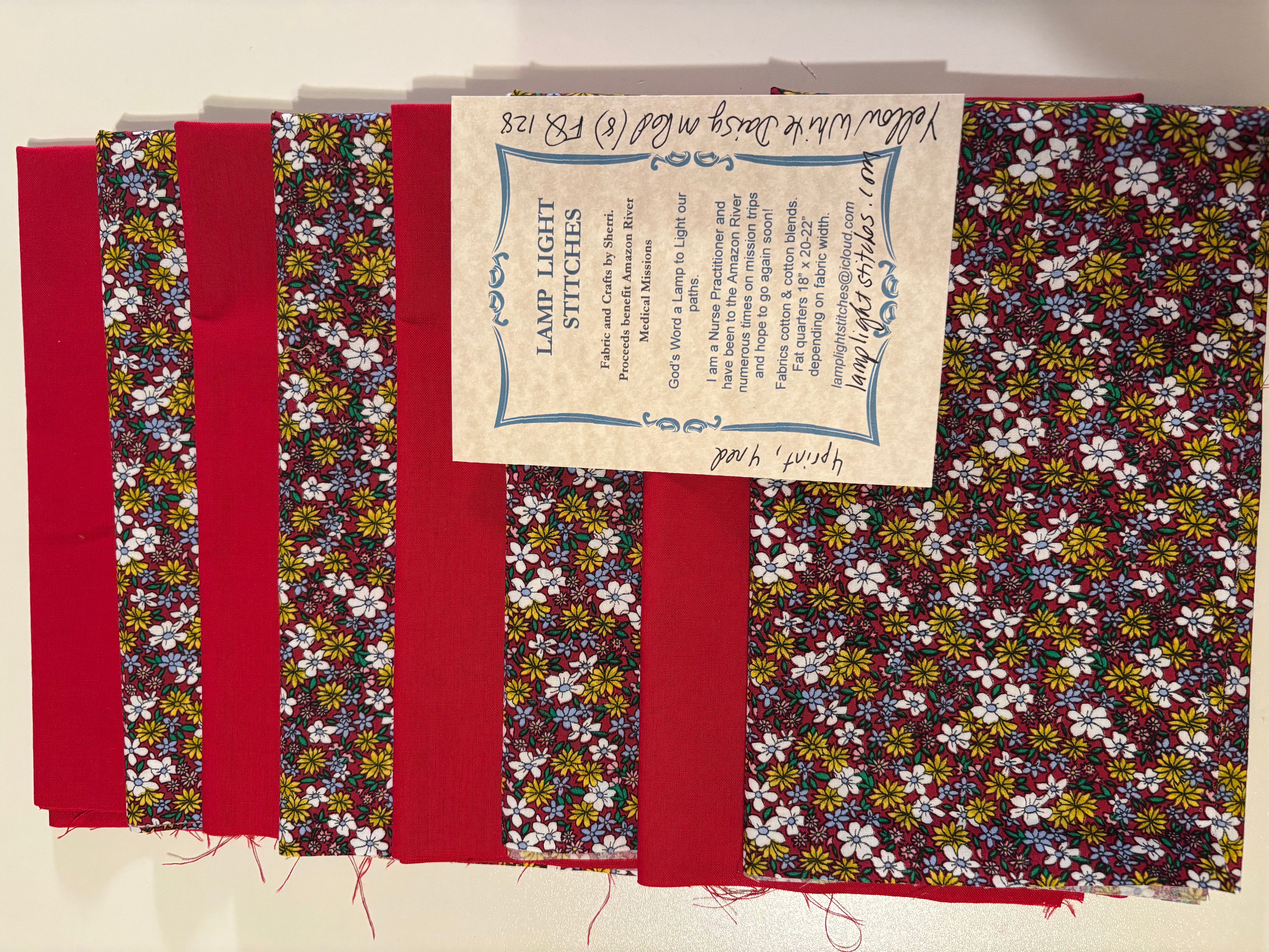 Yellow White Daisy on Red.  (8) fat quarters. FQ 128